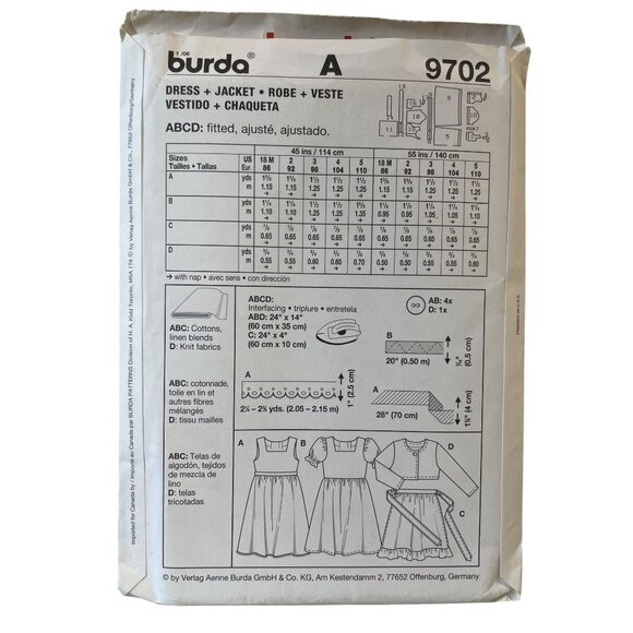 Burda 9702 Girls Dress & Jacket Sewing Pattern Sizes 18M-5 - Picture 2 of 2